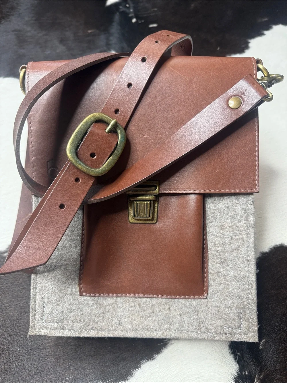 Men's Brown Leather & Gray Felt Messenger Crossbody Bag